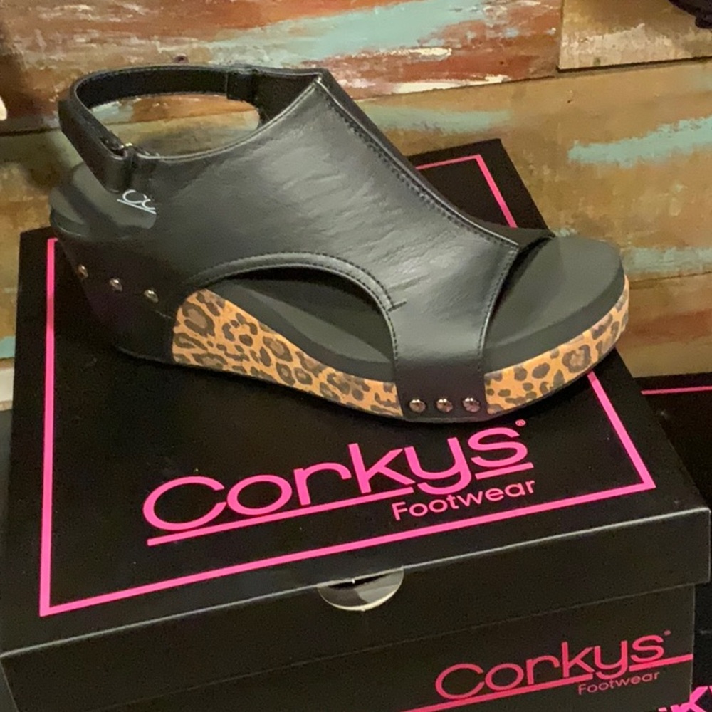 Corkys Black Wedges with Leopard Print
